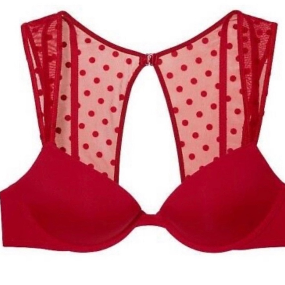 Victoria’s Secret Padded Plunge Bra Red With Polka Dots Trim